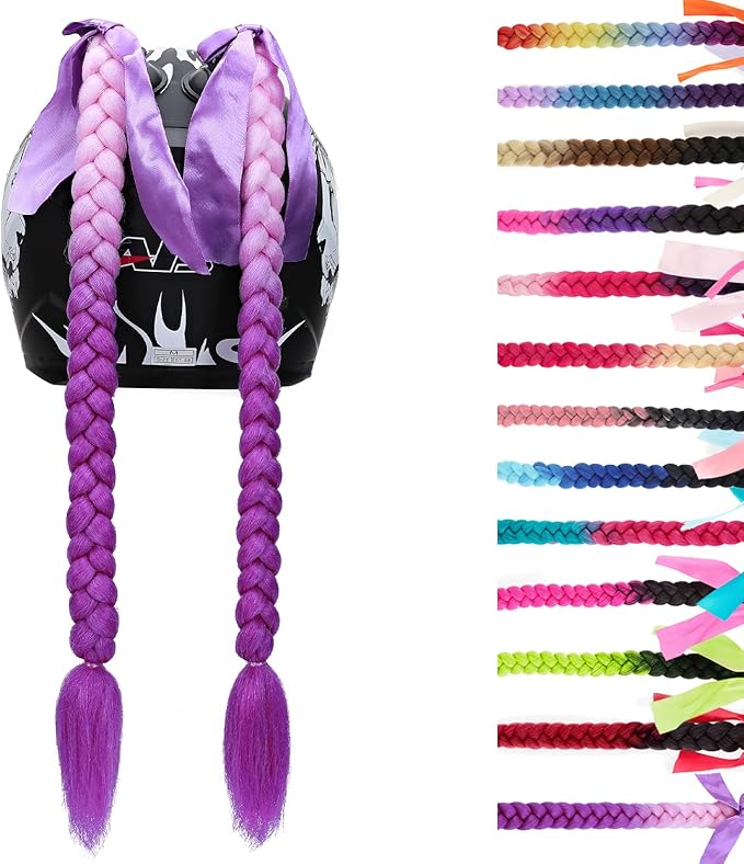 SEGO 1PCS/2PCS Helmet Pigtail Braids with Detachable Suction Cup Bowknot Ponytail Hair Many Colors (Helmet not Included)