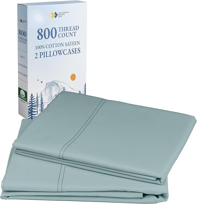 California Design Den Heirloom Soft, Smooth & Thick Certified 800 Thread Count 100% Cotton Sateen, 2 Pillow Cases Standard Size Fits Standard & Queen Size Pillows (Soft Teal)