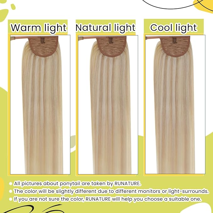 RUNATURE Ponytail Extension Human Hair, Real Hair Ponytail Extension Blonde, Straight Human Hair Ponytail, Remy Natural Hair Tangle Free, 14 Inch 70g #18P613 Ash Blonde Highlight Platinum Blonde