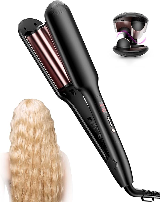 ANWA Double Barrel Hair Waver Crimper Tool, 1 Inch (25mm) Wavy Hair Crimper Iron for Women Beach Waves, Ceramic Deep Beach Wave Curling Iron