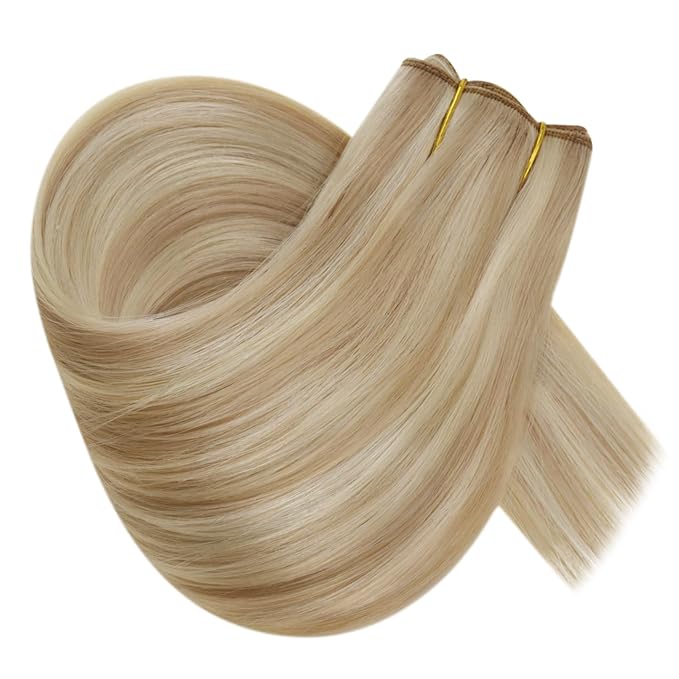 RUNATURE Wire Human Hair Extensions, Blonde Hair Extensions Real Human Hair, Headband Fish Line Extension for Women, Straight Remy Natural Hair, 12 Inch 70g #18P613 Ash Blonde Highlights