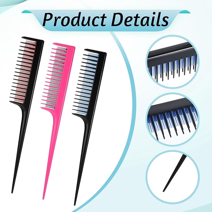 3 Pack Triple Teasing Comb for Women and Men, 8.2 Inches Rat Tail Comb Heat Resistant Plastic Teasing Parting Combs for Braiding Hair Styling Backcombing, Volume, Sectioning