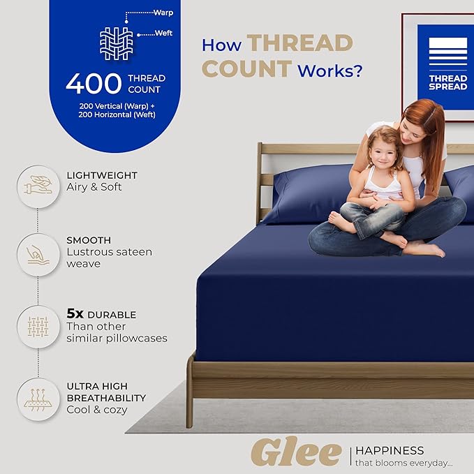 THREAD SPREAD 100% Cotton King Size Pillow Cases Set of 2-400 Thread Count Pillowcases King Size Set of 2 (Navy Blue), Luxuriously Soft Hotel Quality Sateen Weave Pillowcases, Crisp & Cool