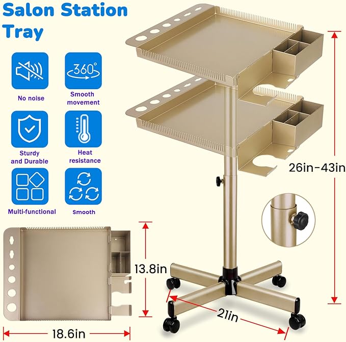 Salon Rolling Tray on Wheels with Adjustable Height - Salon & Spa Service Tray for Hair Stylist, Tattoo & Dental Use (Gold)
