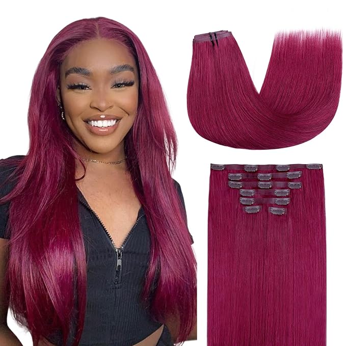 Lashey Seamless Clip in Hair Extensions Human Hair 110g 7pcs Burgundy #99j Straight 18 Inch Hair Extensions Clip ins with Soft Invisible PU Weft for Women