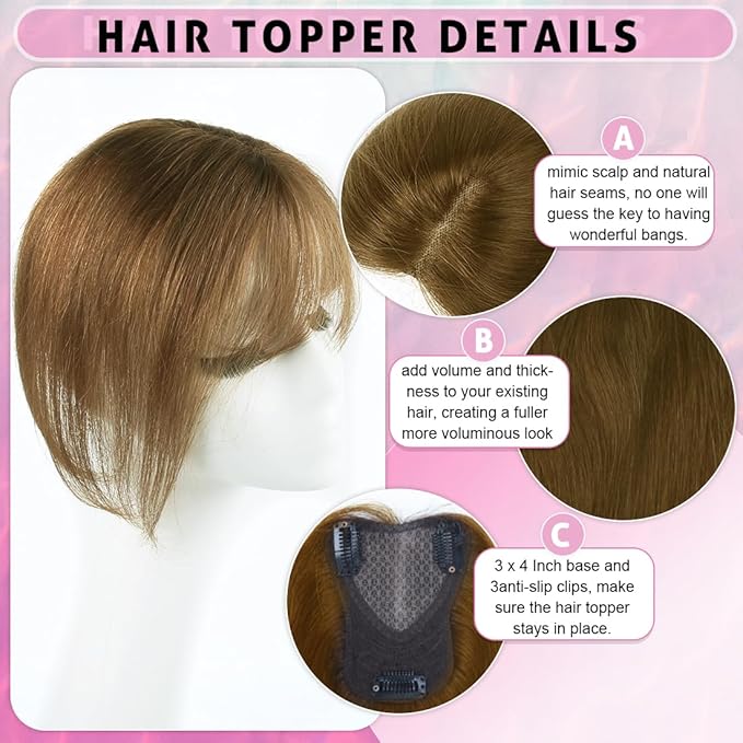 Hair Toppers for Women Real Human Hair 3D Cover Human Topper with Bangs Wispy Bangs Extensions Clip in Bangs for Daily Wear Chocolate Brown