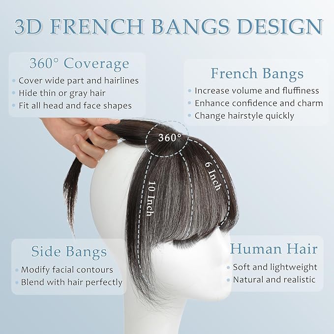 Clip in Bangs Real Human Hair 360° Cover French Bangs Brown Black Bangs Hair Clip 3D Fake Bangs with Fringe Hairpieces for Women Daily Wear