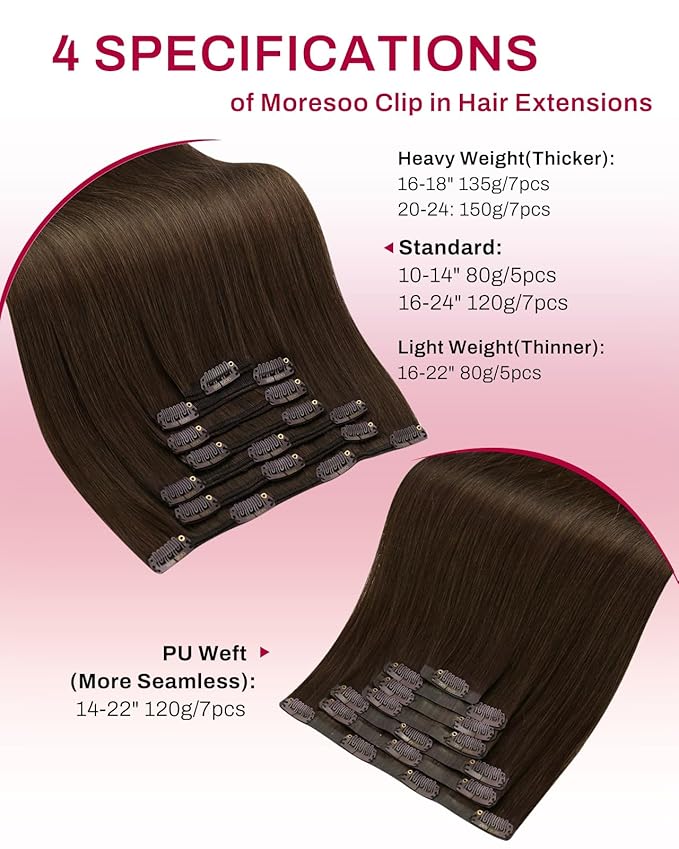 Moresoo Clip in Hair Extensions Remy Double Weft Human Hair Clip in Extensions Straight Hair Extensions for Women Medium Brown #4 5pcs 80g 10inch