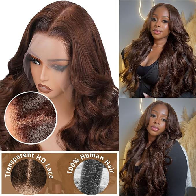 200% Density 13x6 Body Wave HD Lace Front twigs Human Hair Chocolate Brown Lace Front Wig Pre Plucked for Women Brown Wigs Human hair 22inch