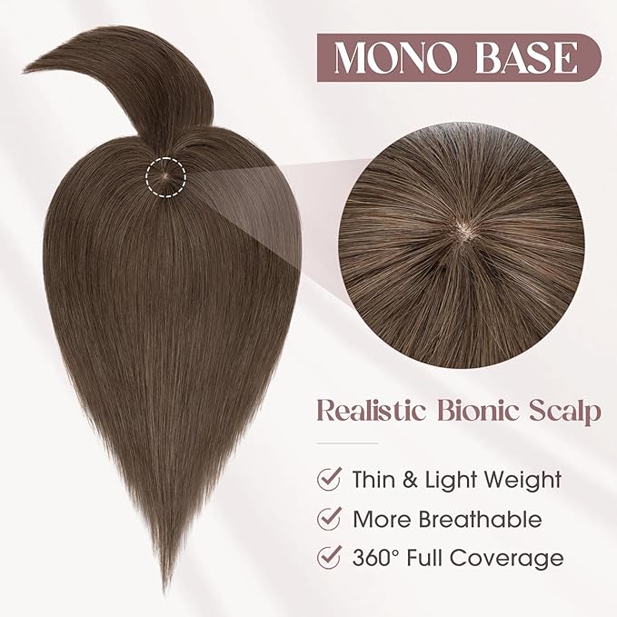 MY-LADY Human Hair Toppers for Women Real Human Hair with Bangs Thin 8.5 * 8.5CM Mono Base Clip in Remy Hairpieces Light Weight 12 Inch Dark Brown