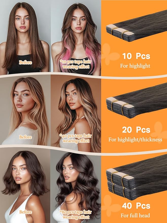 DOORES Tape in Hair Extensions Human Hair, Chocolate Dip Color Melt 18 Inch 10g 40pcs, Human Hair Extensions Natural Hair Extensions Seamless Straight