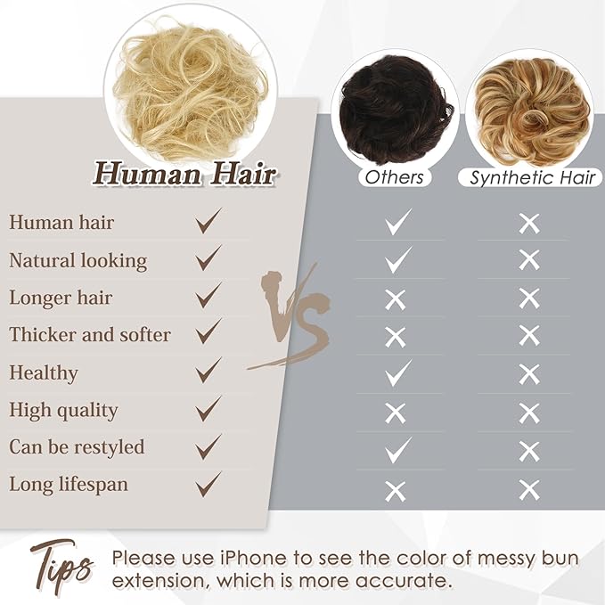 RUWISS Large Messy Bun Hair Piece 100% Human Hair Layered Wavy Curly Hair Buns Hair Piece for Women Updo Hairpiece for Daily Wear Real Hair Ponytail Extension (Golden Blonde)
