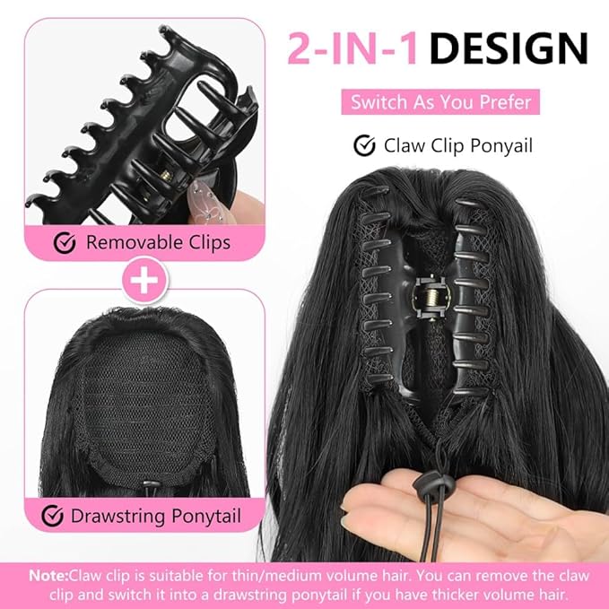 ALXNAN Ponytail Extension,24 Inch Claw Clip in Long Curly Wavy Wine Red Ponytail Hair Extension Jaw Clip on Pony Tails Hairpiece for Women