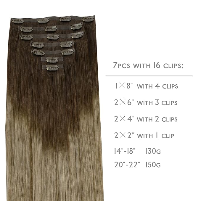 WENNALIFE Seamless Clip In Hair Extensions, 20 Inch 7pcs 150g Ombre Walnut Brown to Ash Brown and Bleach Blonde Real Human Hair Extensions