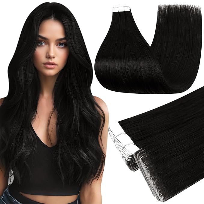Full Shine Invisible Injected Tape in Hair Extensions Color 1B Black Machine Remy Skin Weft Injection Silky Tape in Extensions 50Grams Double Side 24Inch 20Pcs Real Human Hair Straight for Wedding