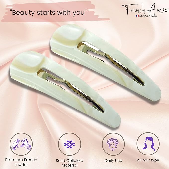 French Amie Clic Clac Ivory Large 2 3/4" Cellulose Handmade in France Set of 2 Snap Hair Pin Clips for Women and Girls