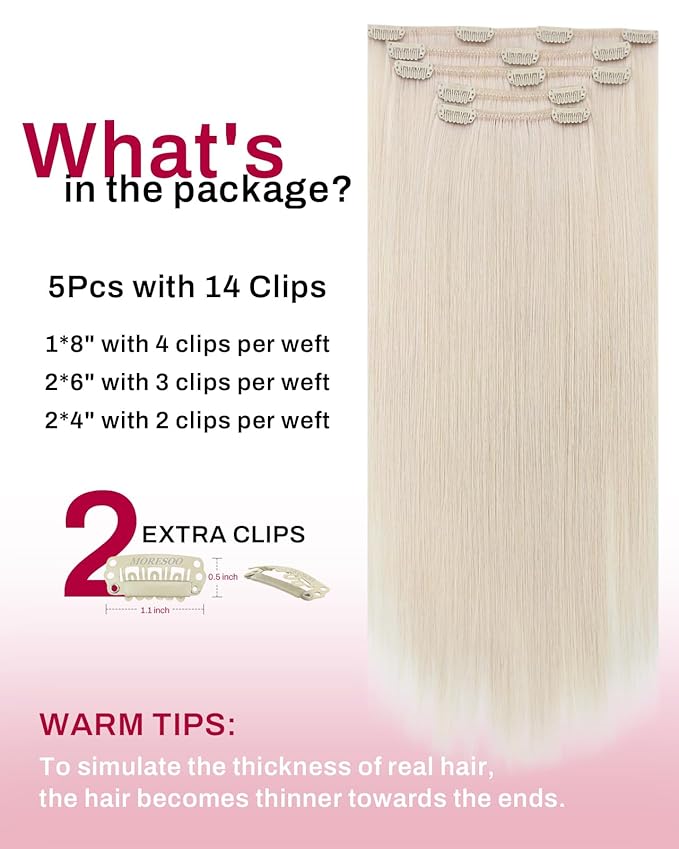 Moresoo Blonde Hair Extensions Clip ins Human Hair White Blonde Clip in Hair Extensions Real Human Hair Double Weft Blonde #60A 5pcs/70g 12 inch