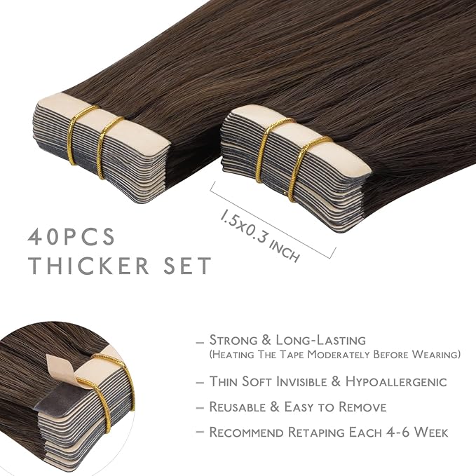 WENNALIFE Tape in Hair Extensions Human Hair, 40pcs 100g 14 inch Chocolate Brown Hair Extensions Real Human Hair Straight Tape in Extensions Invisible Human Hair Extensions Reusable Hair Extensions