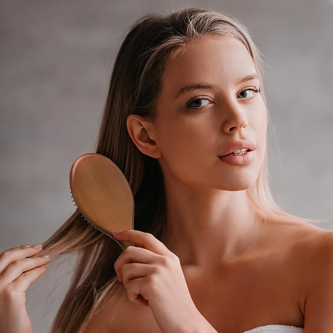 RED Premium Evergreen 100% Wooden Paddle Brush - Detangling Hair Brush With Long Bristles for Thick, Curly, Thin, Wet or Dry Hair (Oval Paddle)