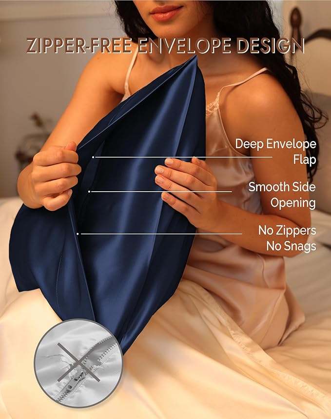 SilkSilky 100% Mulberry Silk Pillowcase - Pure 22 Momme High-Grade 6A Fibers for Hair & Skin, Envelope Closure, Natural, Organic, Breathable & Cooling Pillow Case (Queen, Dark Blue)