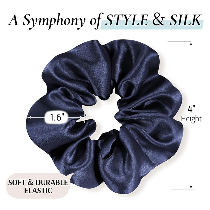 Zenssia Silk Scrunchies for Hair, Mulberry Silk Hair Ties for Women and Girls, No Damage Elastic Ponytail Holders（Black, Navy, Silvergrey）