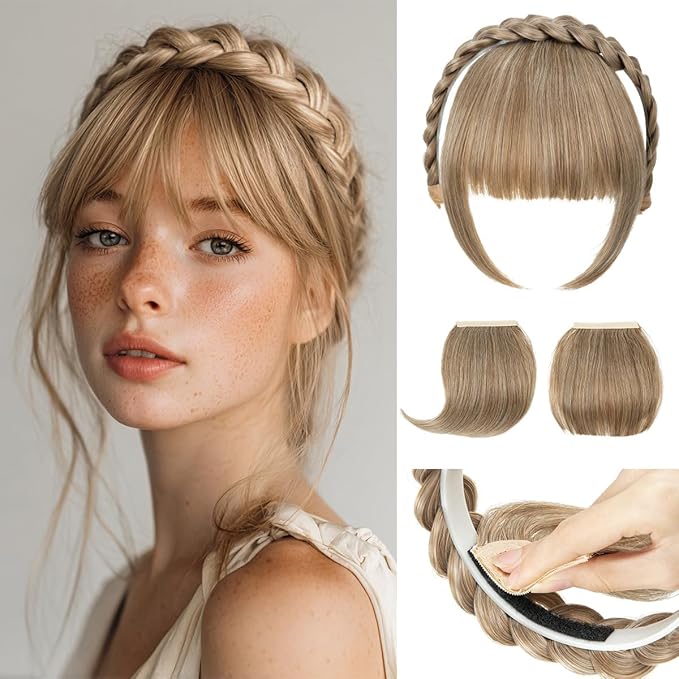 SARLA Braided Headband with 3 Detachable Clip in Bangs Fringe Hairpieces Fake Synthetic Hair Band Bangs for Women Beige Multi