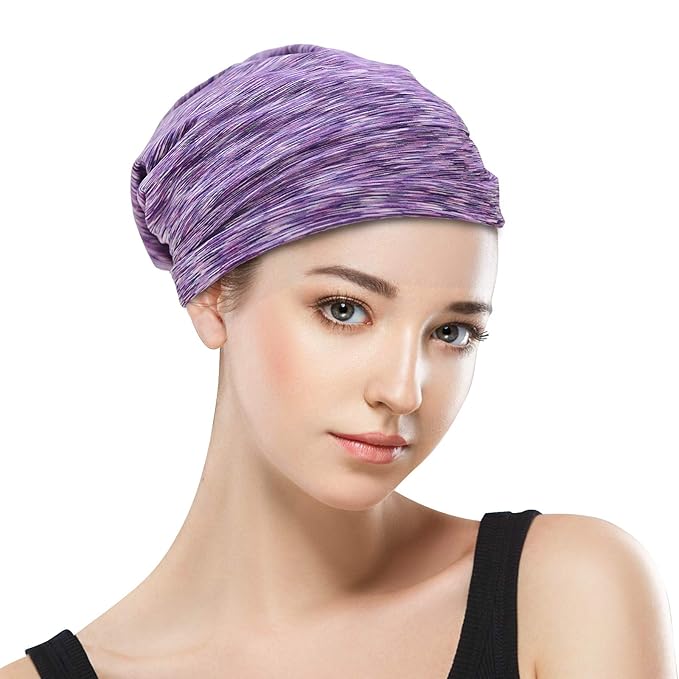 Silk Satin Lined Bonnet Sleep Cap - Adjustable Stay on All Night Hair Wrap Cover Slouchy Beanie for Curly Hair Protection for Women and Men - Heather Purple