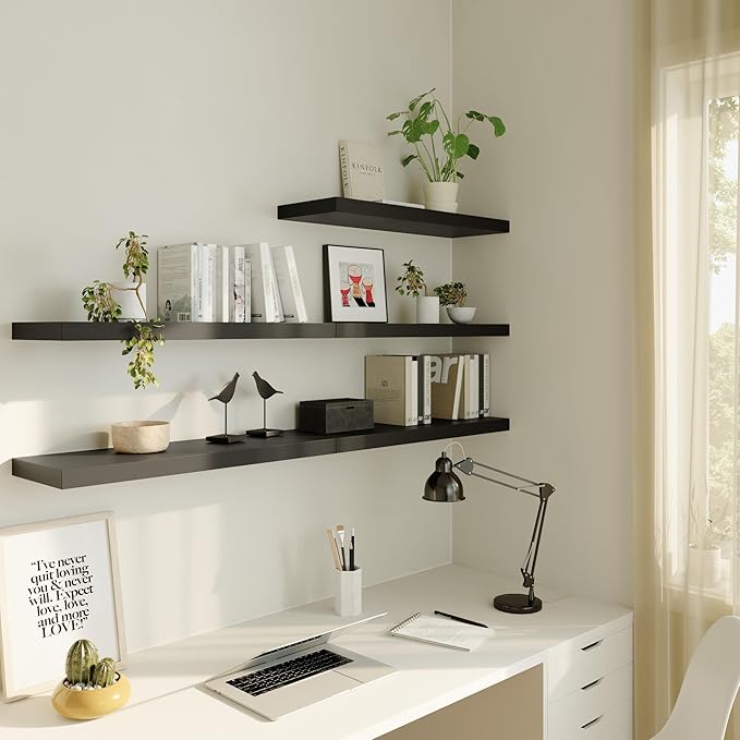 Large Floating Shelves for Wall Set of 1 Wooden Wall Shelves 36 in x 12.75 in x 2 in Room Decor Long Shelf with Invisible Wall Mount Bracket for Bedroom Kitchen Living Room Black