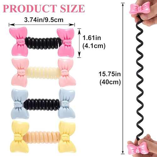 4PCS Bow Spiral Hair Ties, 4 Colors Bowknot Phone Cord Ponytail Holders for Women, Elegant Rubber Hair Coils, Stylish Hair Accessories for Party, Daily Use
