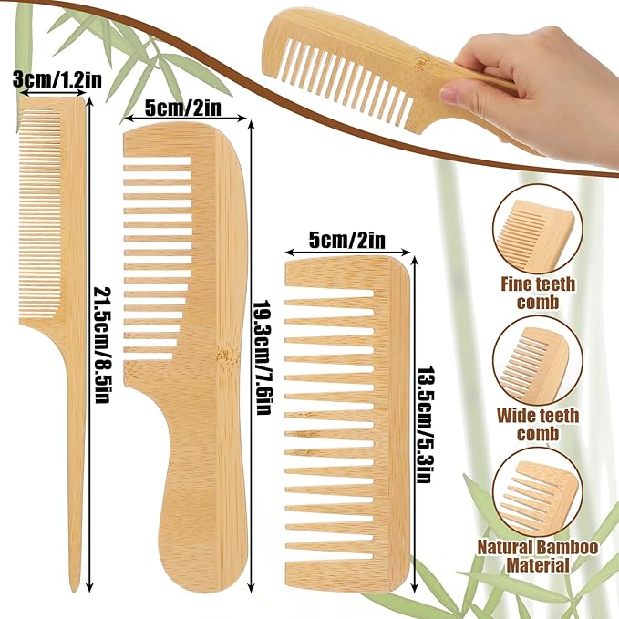 3 Pcs Bamboo Comb for Hair Growth, Natural Handmade Bamboo Anti-Static Combs Set - Wide Tooth, Rat Tail & Fine Tooth, Natural Nan Zhu Bamboos Wooden Combs for Hair & Beard, Travel Friendly