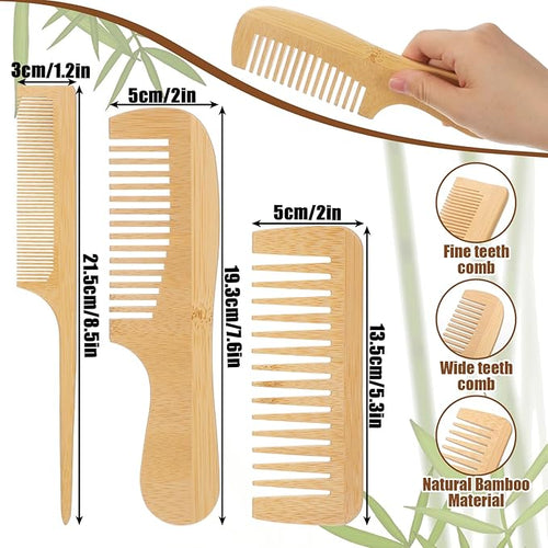 3 Pcs Bamboo Comb for Hair Growth, Natural Handmade Bamboo Anti-Static Combs Set - Wide Tooth, Rat Tail & Fine Tooth, Natural Nan Zhu Bamboos Wooden Combs for Hair & Beard, Travel Friendly