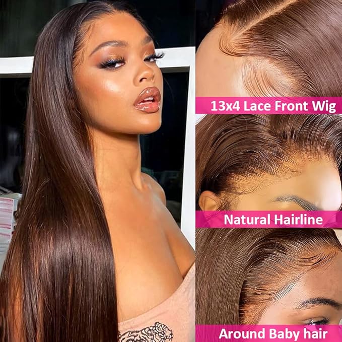 Hermosa 13x4 Brown Lace Front Wigs Human Hair 180 Density Straight Lace Frontal Human Hair Wigs Pre Plucked Hairline 4# Brown Color 28 Inch