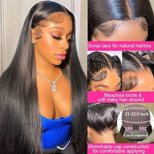 38 Inch 13x6 Straight Lace Front Wigs Human Hair 200 Density HD Transparent Lace Frontal Human Hair Wigs for Women Glueless Wig Pre Plucked Natural Color