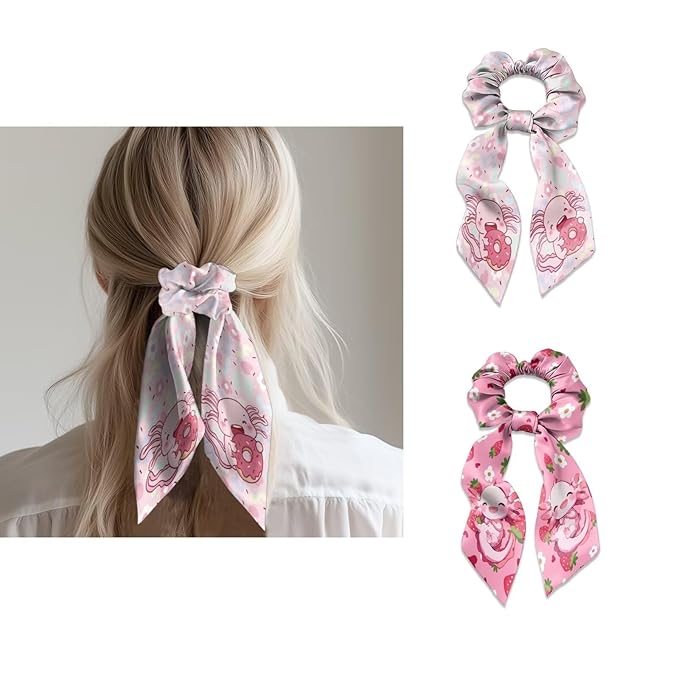 Pack Of 2 Axolotl Elastic Ribbon Hair Ties Floral Strawberry Long Ponytail Scrunchies for Curly Hair Stylish Scarf Scrunchy Womens No Damage Knotted Bow
