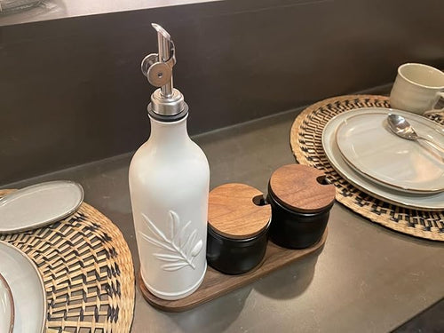 20 Oz Ceramic Olive Oil Dispenser Bottle, with Stainless Steel Spout & Funnel, Ideal for Oil, Vinegar, Coffee Syrup & Liquids (White)