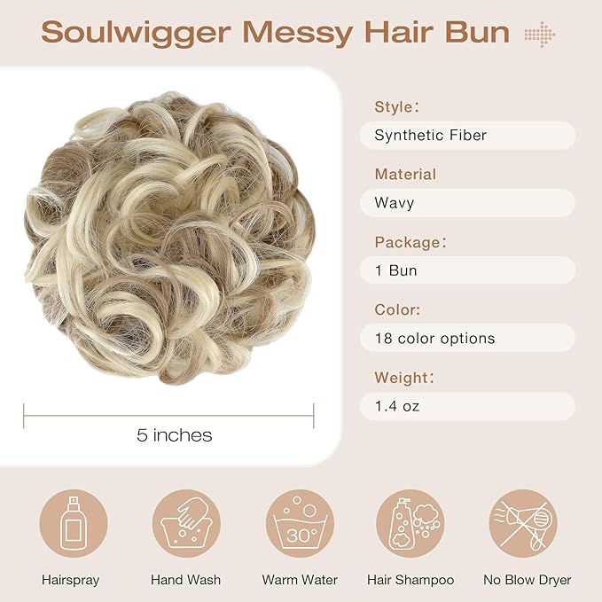 Messy Bun Hair Piece Wavy Curly Scrunchies Fluffy Donut Thick Updo Elegant Chignon Hairpieces for Women Girls, Dark Ginger Blonde Mix Bleach Blonde 1.4oz