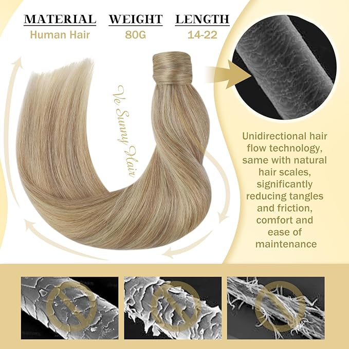 Ve Sunny Hair Extensions Ponytail Real Human Hair Wrap Around Clip in Ponytail Hair Extensions Straight Extensions Human Hair for Women Blonde Highlights for Women Warm Color 16inch 80G