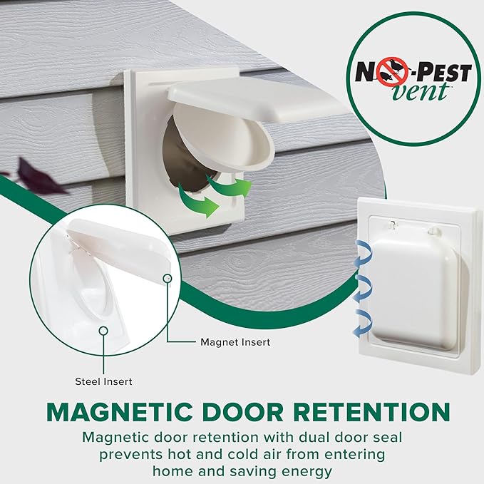 NO-PEST VENT, Exclusive Dual Door Dryer Vent Cover Outdoor 4 inch or Bathroom fan, Made in USA w Highest UV Resistant Plastic in any Outdoor Vent Cover (White, 4 inch With 12" Duct Tube)