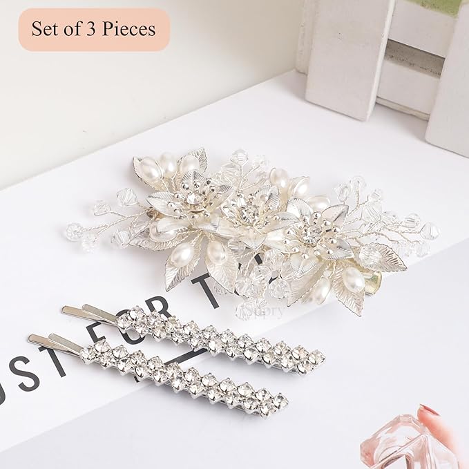 Floral Crystal Pearl Alligator Hair Clip and Rhinestone Bobby Pins, Elegant Hair Accessories for Bridal Women in Wedding or Prom, Set of 3 (Silver)