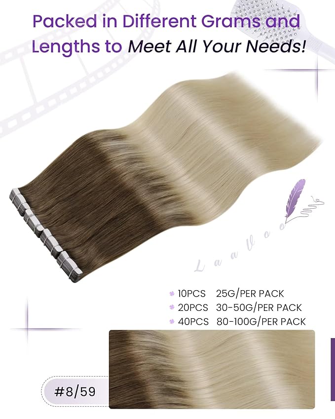 LaaVoo Ombre Tape in Hair Extensions Human Hair Light Brown Fading to Light Blonde Tape in Human Hair Extensions Balayage Hair Extension Tape on Silky Straight Hair 20inch 50g 20pcs