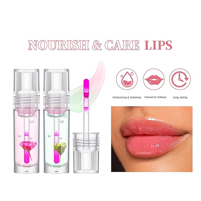 Flower Lip Oil, Hydrating Lip Glow Oil, Plumping Lip Oil, Non-Sticky Long Lasting Lip Oil Gloss, Transparent Lip Oil Tinted, Lip Plumper Gloss, Moisturize your lips and Reduce lip lines (01)