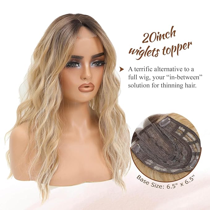MORICHY Hair Toppers for Women Clip in Hair Topper with Bangs 20inch Buttery Blonde with Highlights Long Wavy Curly Synthetic HairPieces for Women