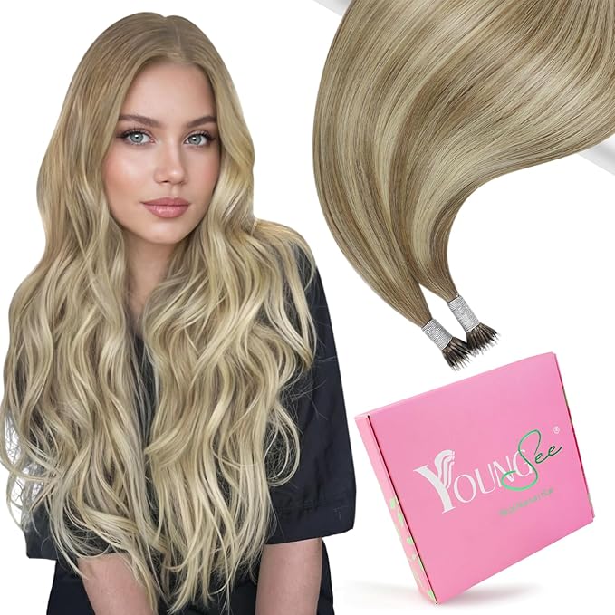 YoungSee Nano Beads Hair Extensions Human Hair Ombre Nano Extensions Human Hair Light Brown with Platinum Blonde Hair Nano-Tip Hair Extension 22inch Long Hair for Wedding 50g 50s