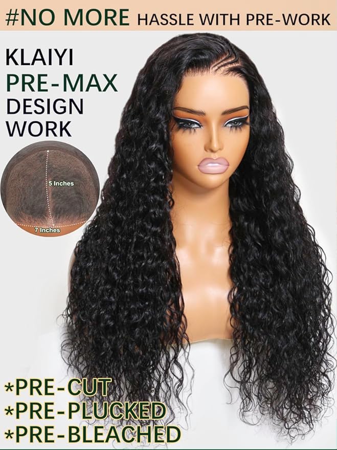 KLAIYI Bye Bye Knots Glueless Wig Pre Cut Water Wave HD Lace Front Wigs Human Hair Pre Bleached Pre Plucked Ready to Go Wigs for Women 30S Easy to Wear Put On and Go Curly Wig Beginner Friendly 18Inch