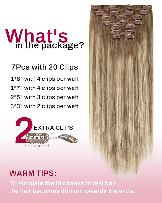 Moresoo Clip in Hair Extensions Real Human Hair Blonde Balayage Hair Extensions Real Human Hair Clip ins Ombre Light Brown Mixed with Golden Blonde Full Head 7pcs/150g 20inch