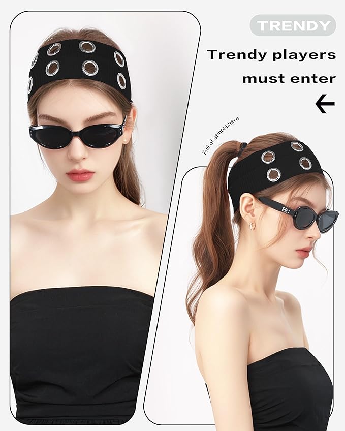 Grommet Headband for Women, Plus Black 23cm Hollow Out Elastic Hair Band, Eyelets Punk Grunge Stylish Hairband