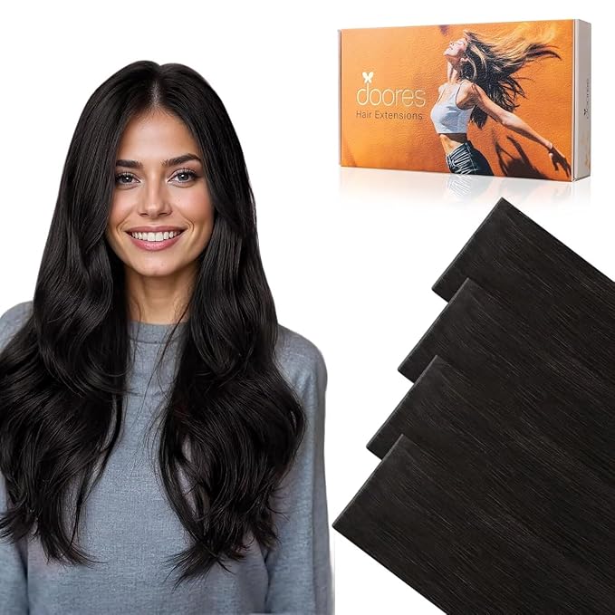 DOORES Invisi Edge Tape in Wide Hair Extensions Human Hair, Natural Black 4PCS Injection Tape ins 20g 24 Inch, Virgin Human 3 Inch Wide Injected Extensions Invisible