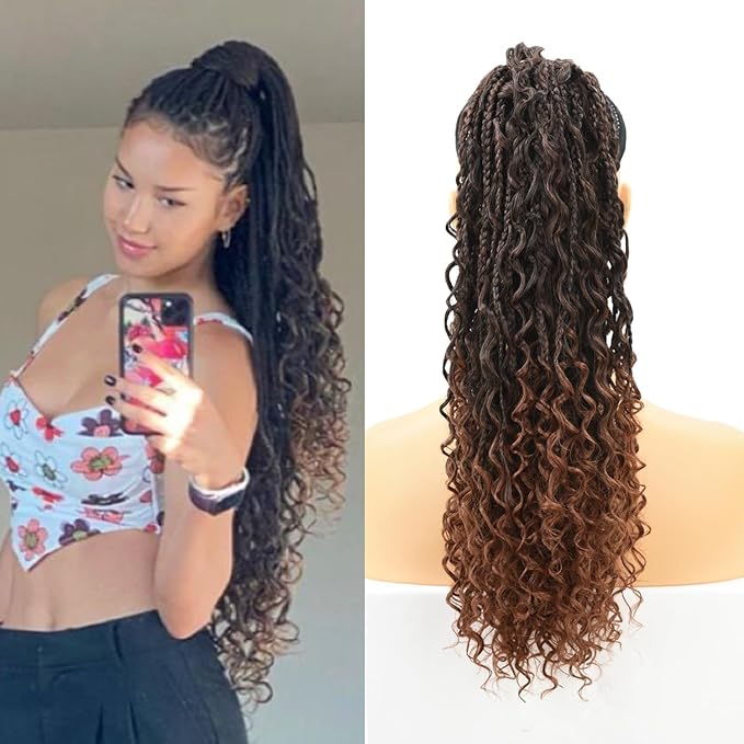 Drawstring Ponytail for Women 18 inch Boho Box Braids with Long Wavy Hair Clip in Ponytail Extension Synthetic Hair Extensions Ponytail for Daily Use (T1B/30#, 18 Inch)