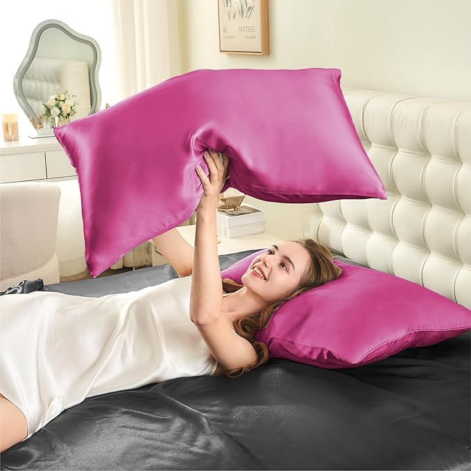 INFIIXSO Mulberry Silk Pillowcase for Hair and Skin, Silk Pillow Cases Queen Size Set of 2 with Hidden Zipper 20"x30", Ultra Smooth and Soft Cooling Pillow Cases for Hot Sleepers(Hot Pink, 2 Pack)