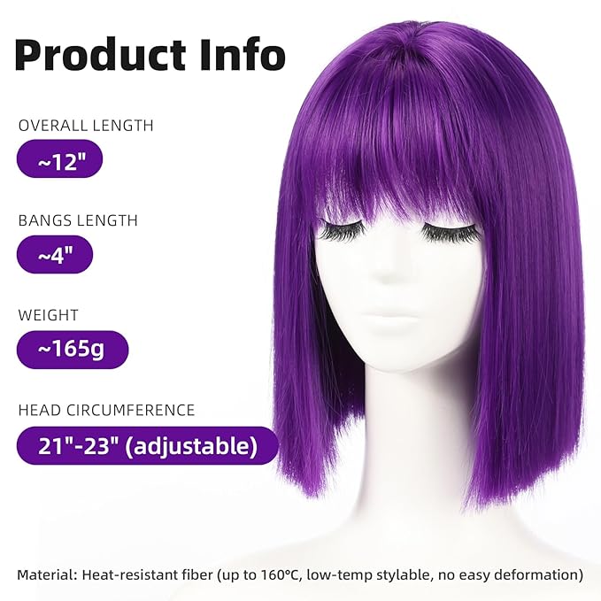 Allbell Deep Purple Wigs for Women Short Bob with Bangs Heat Resistant Synthetic Hair 12 inch for Daily Party Halloween Costume Use